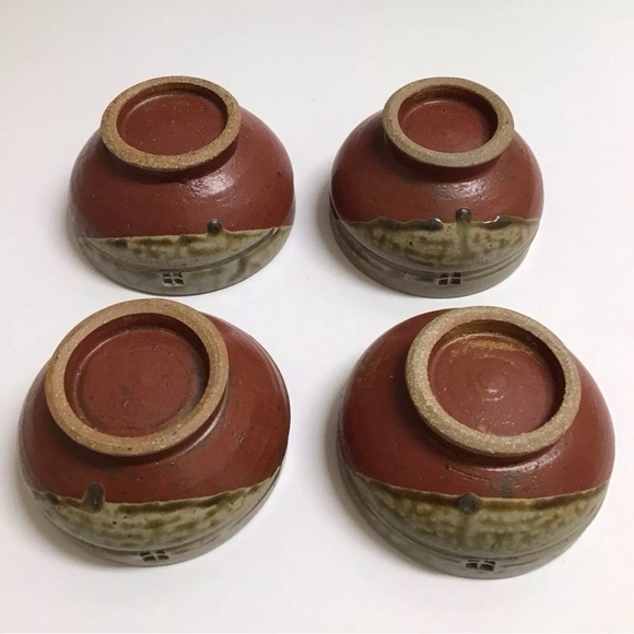 Japanese Studio Art Pottery SET OF 4 Tea Bowls Matcha Terra Cotta Brown Glaze - Picture 14 of 16